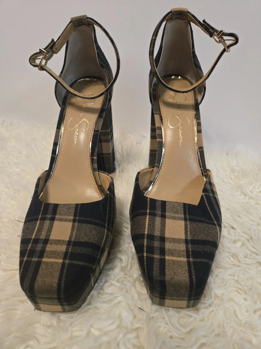 Jessica Simpson Black & Tan Plaid Platform Ankle-Strap Heels
